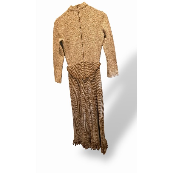 Vintage Dalton Quiet Luxury Maxi Dress Womens Size 10 Tan Herringbone Fringe 70s - Picture 11 of 15